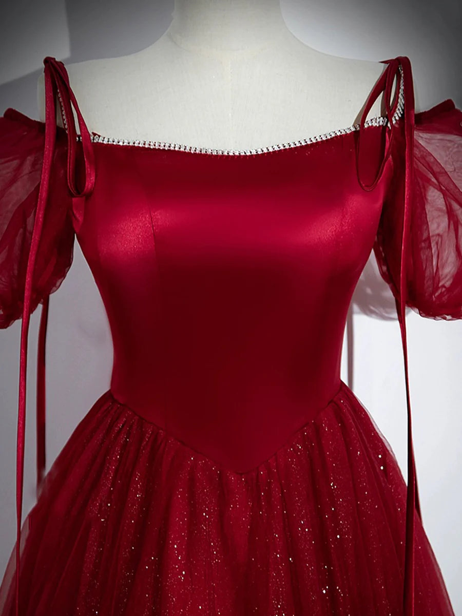 Elegant Burgundy Satin Tulle Spaghetti straps Floor length Prom Dress Party Dress