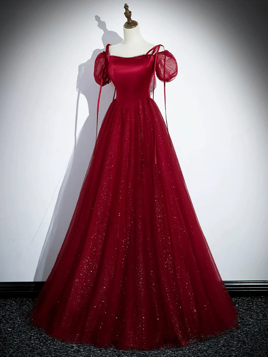 Elegant Burgundy Satin Tulle Spaghetti straps Floor length Prom Dress Party Dress