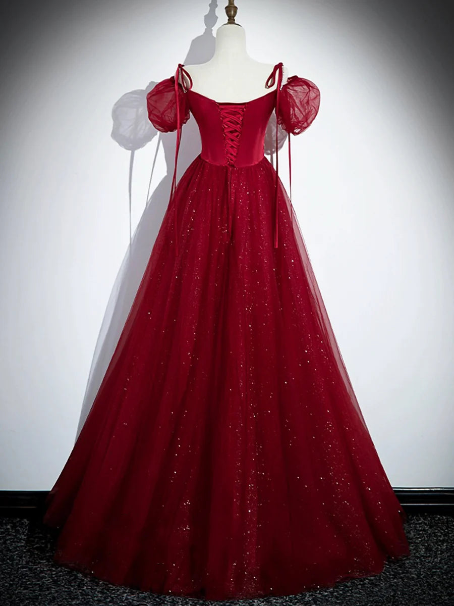 Elegant Burgundy Satin Tulle Spaghetti straps Floor length Prom Dress Party Dress