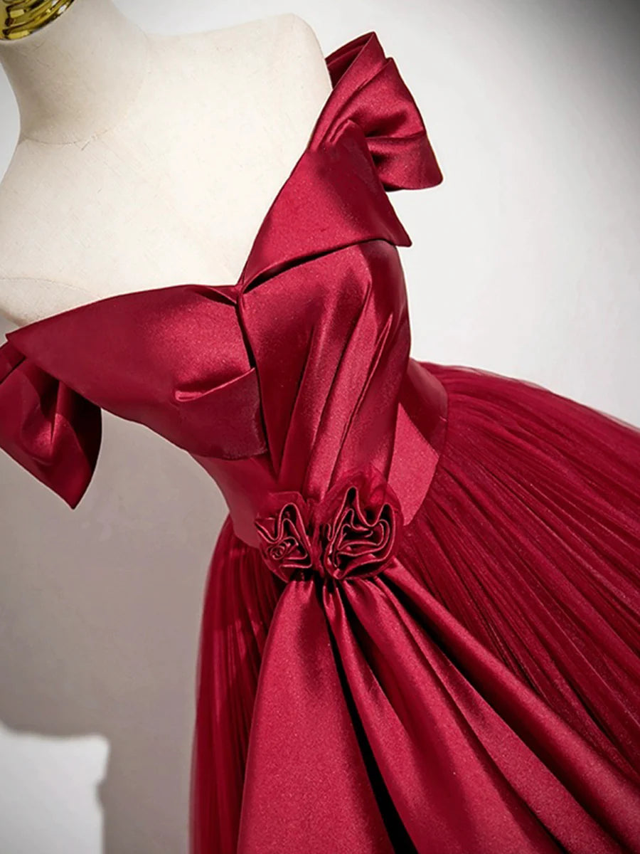 Elegant Burgundy Satin Tulle V Neck Floor length Prom Dress A-Line Long Formal Party Dress Inexpensive