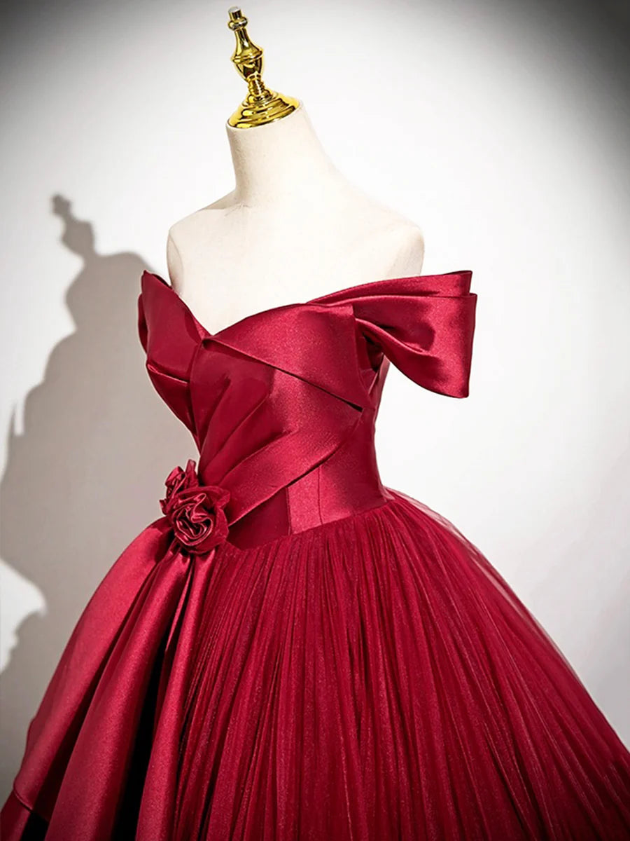 Elegant Burgundy Satin Tulle V Neck Floor length Prom Dress A-Line Long Formal Party Dress Inexpensive