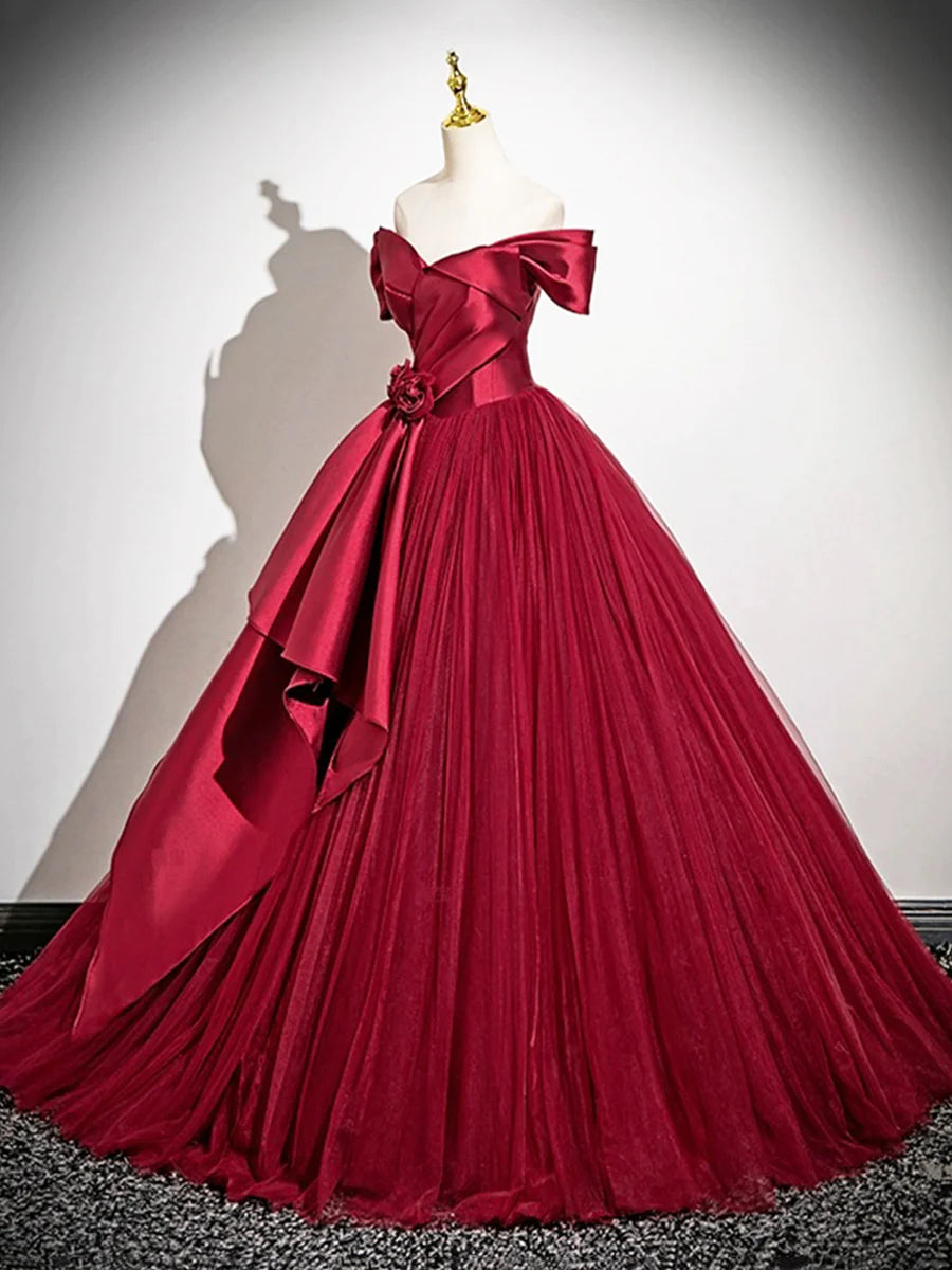 Elegant Burgundy Satin Tulle V Neck Floor length Prom Dress A-Line Long Formal Party Dress Inexpensive