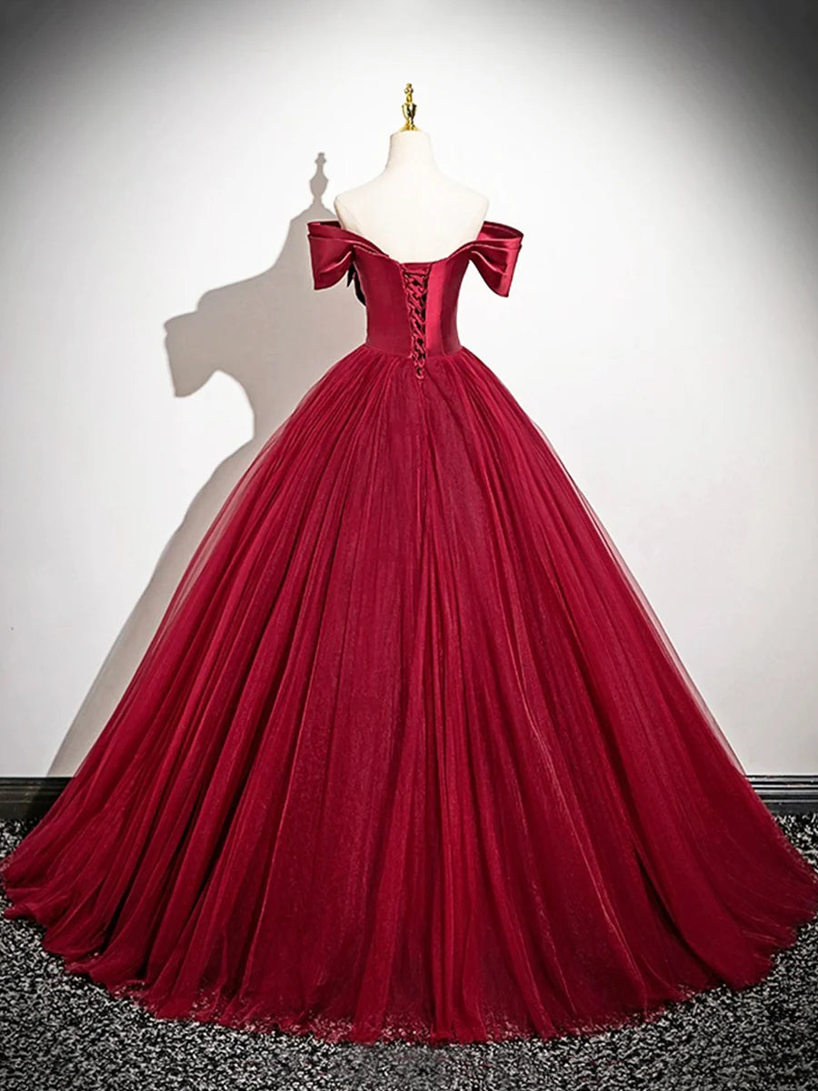 Elegant Burgundy Satin Tulle V Neck Floor length Prom Dress A-Line Long Formal Party Dress Inexpensive