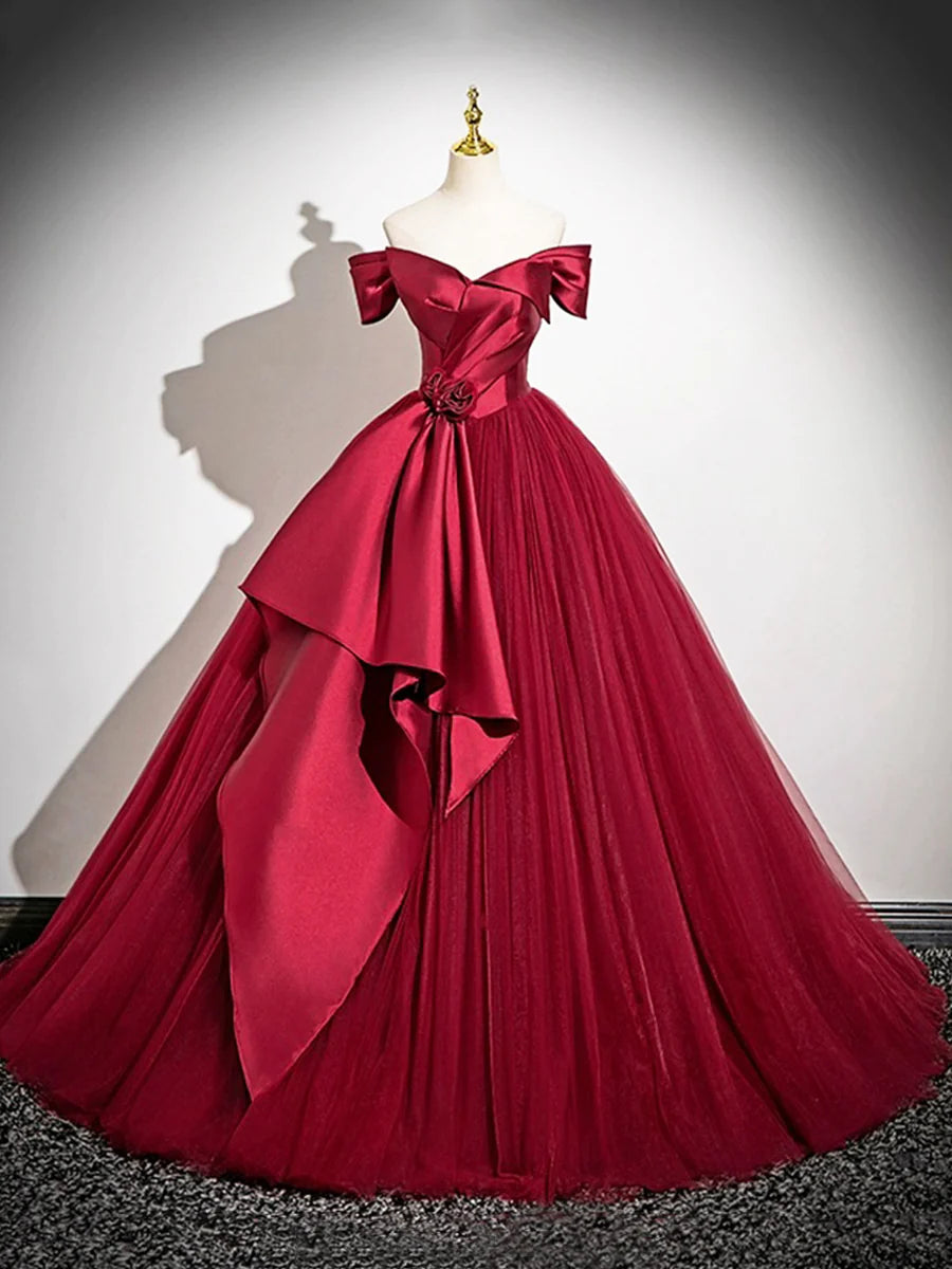 Elegant Burgundy Satin Tulle V Neck Floor length Prom Dress A-Line Long Formal Party Dress Inexpensive
