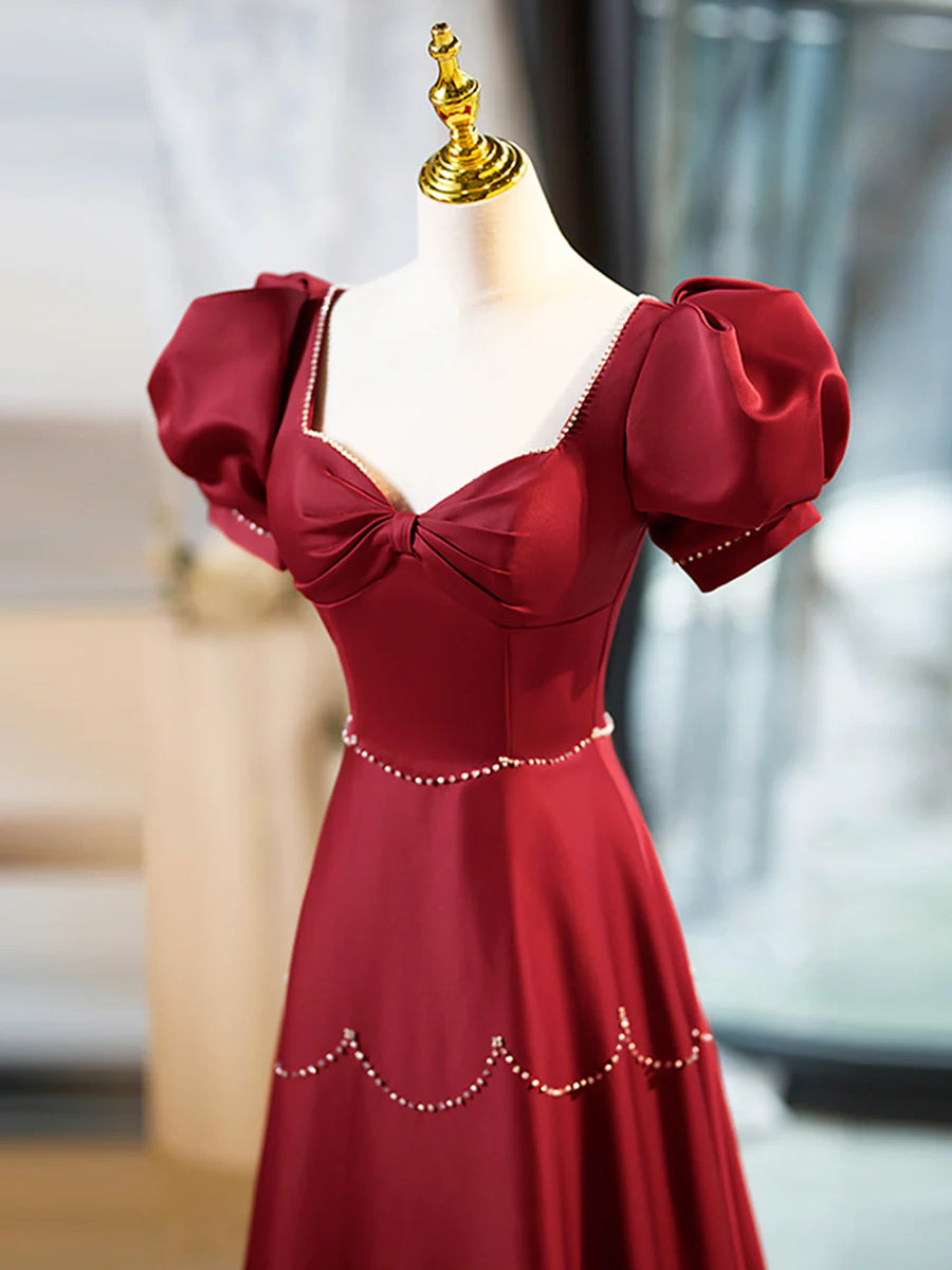 Elegant Burgundy Satin With Beaded Short Sleeve Long Prom Dress Discount Long Party Dresses