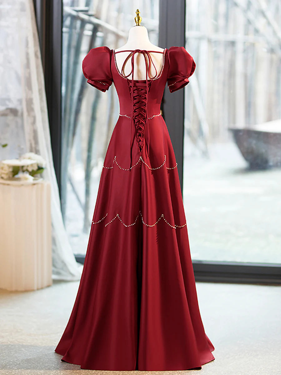 Elegant Burgundy Satin With Beaded Short Sleeve Long Prom Dress Discount Long Party Dresses