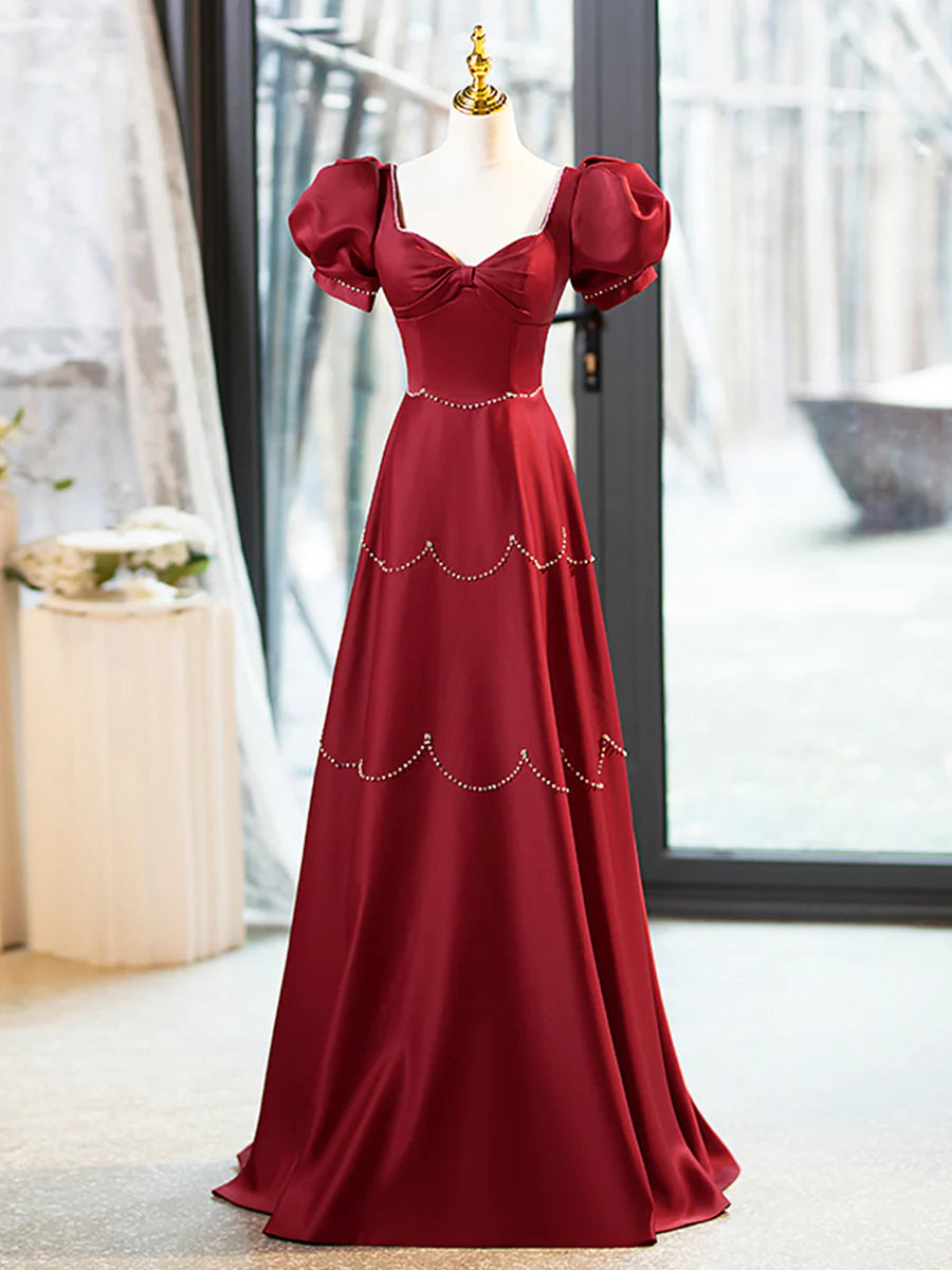 Elegant Burgundy Satin With Beaded Short Sleeve Long Prom Dress Discount Long Party Dresses