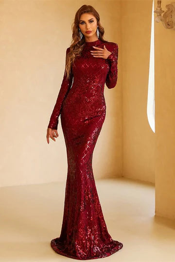 Elegant Burgundy Sequin Backless Floor Length Mermaid Evening Dress