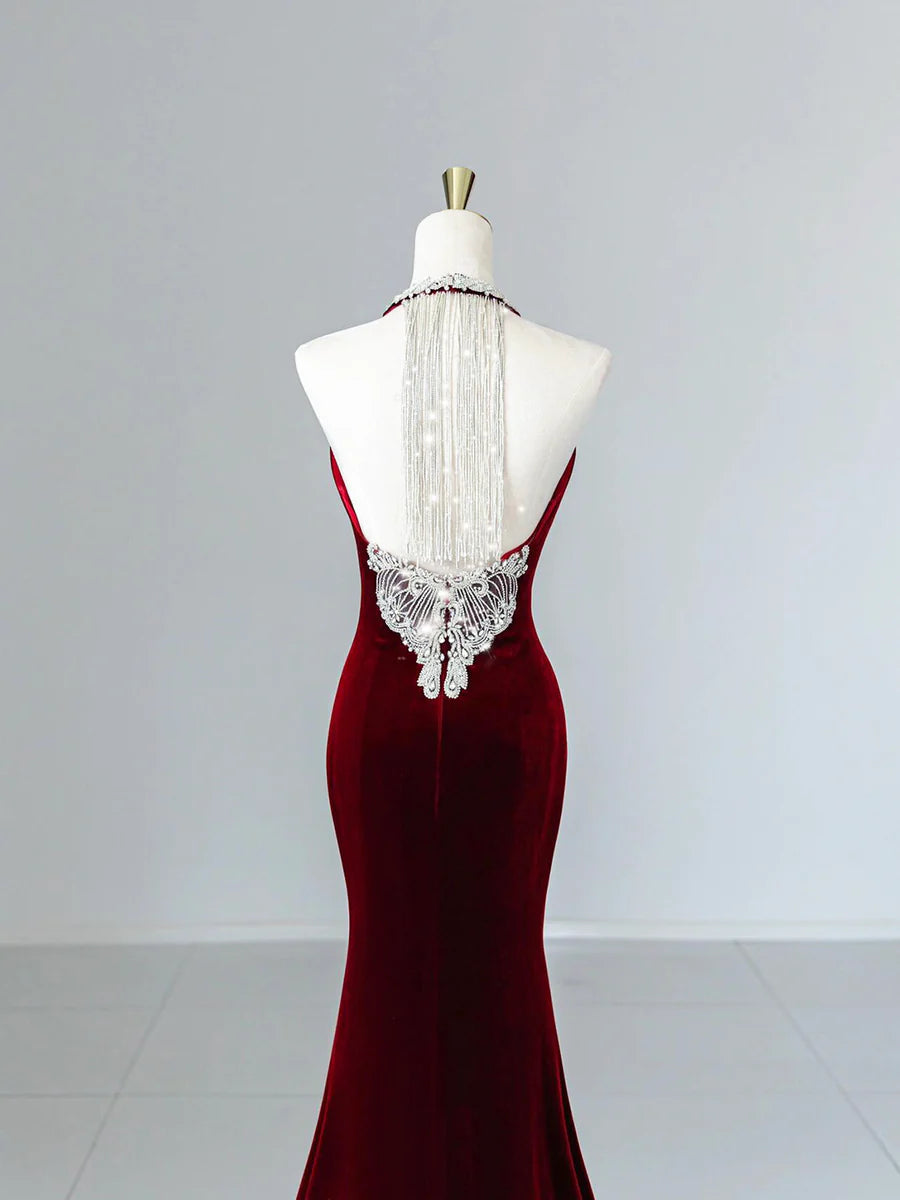 Elegant Burgundy Velvet Beads Long Prom Dress Mermaid Backless Party Dress With Tassels