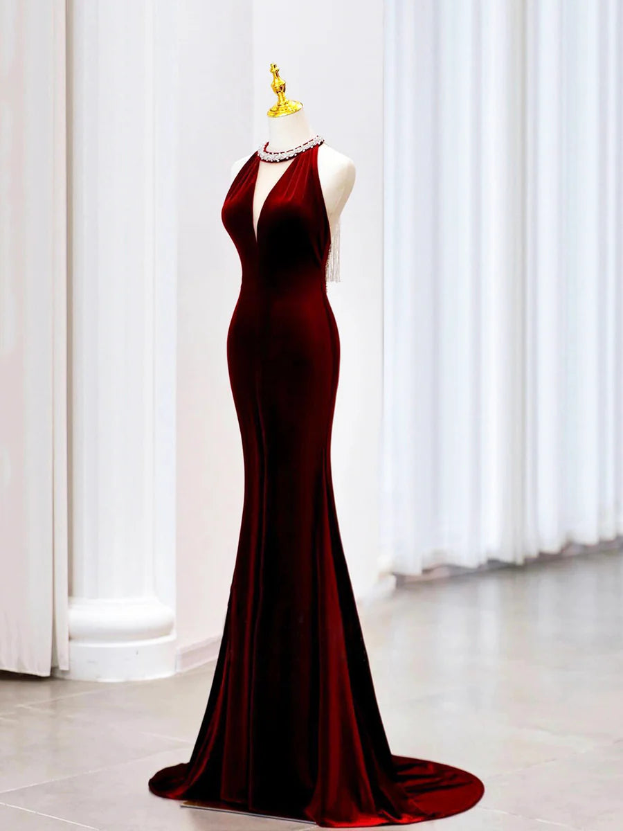 Elegant Burgundy Velvet Beads Long Prom Dress Mermaid Backless Party Dress With Tassels