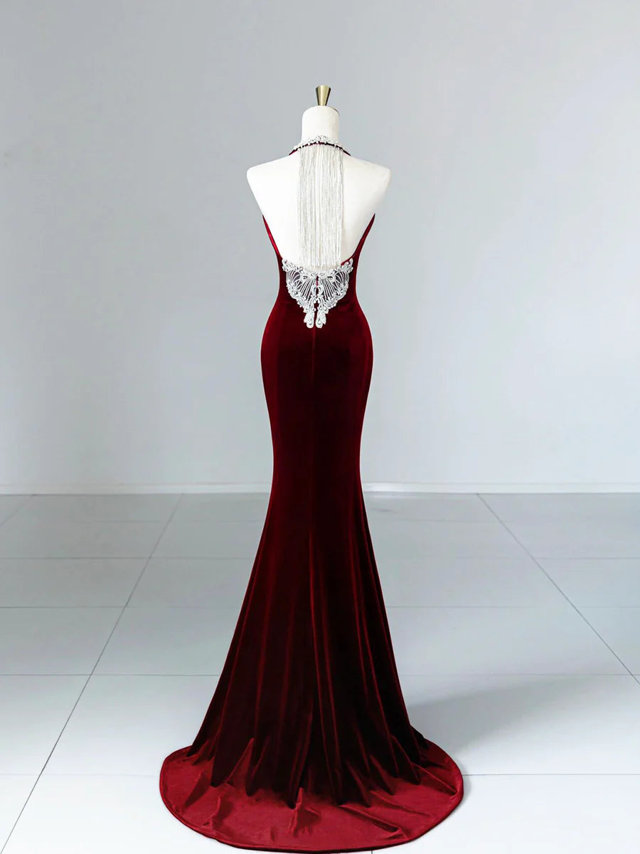 Elegant Burgundy Velvet Beads Long Prom Dress Mermaid Backless Party Dress With Tassels