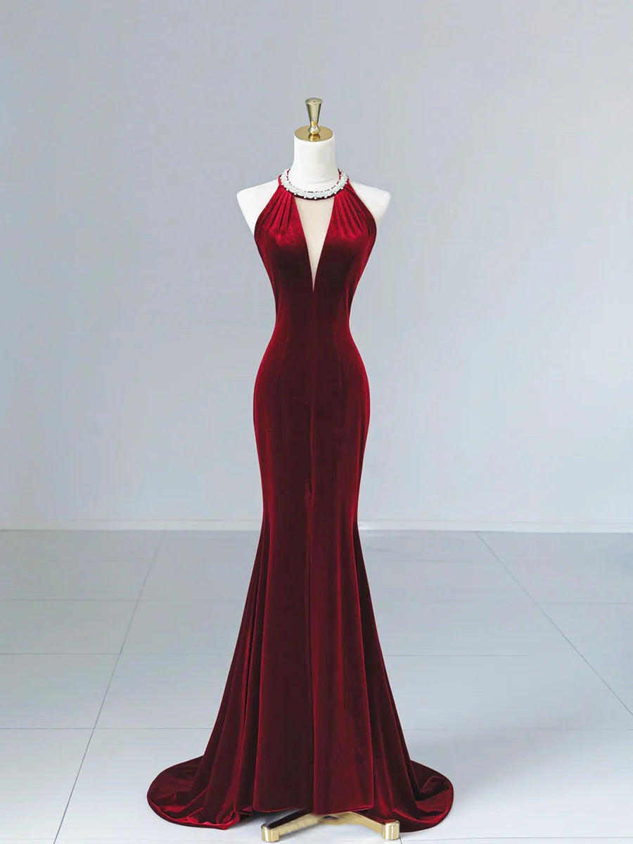 Elegant Burgundy Velvet Beads Long Prom Dress Mermaid Backless Party Dress With Tassels