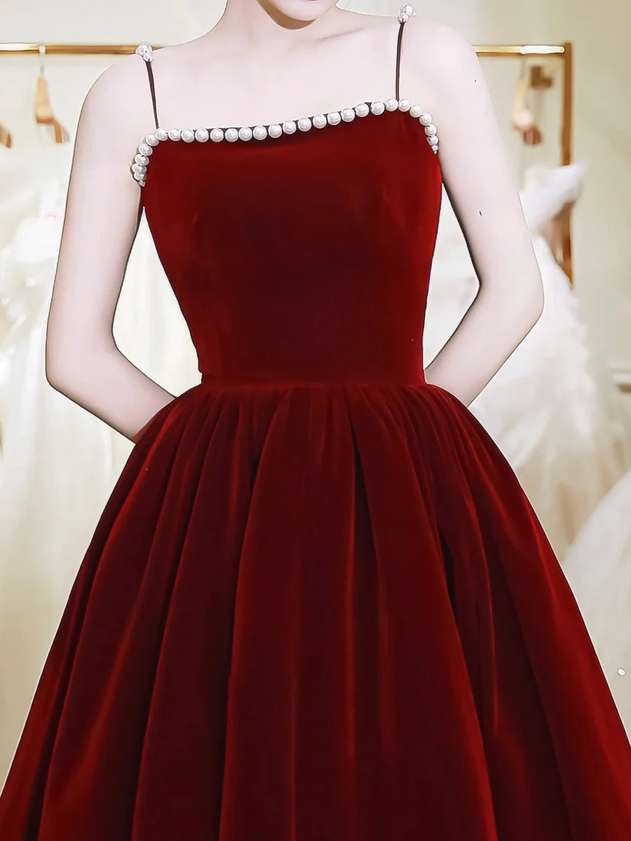 Elegant Burgundy Velvet Spaghetti Strap Lace up Back Tea Length Homecoming Dress With Pearls