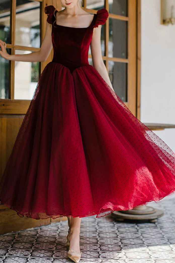 Elegant Burgundy Velvet Tulle Tea Length Homecoming Dress A-Line Evening Party Dress