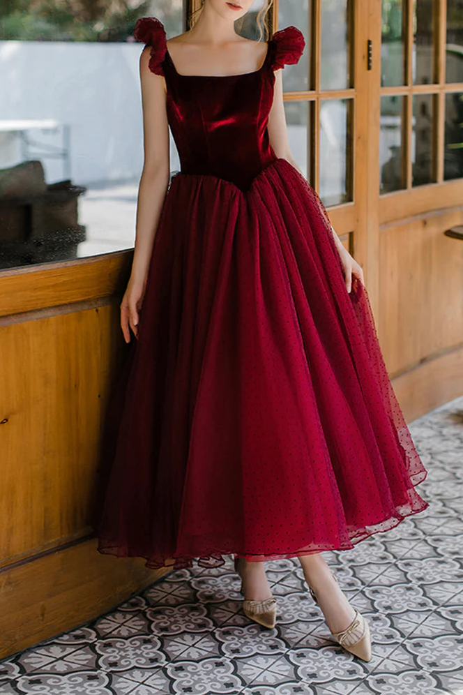 Elegant Burgundy Velvet Tulle Tea Length Homecoming Dress A-Line Evening Party Dress