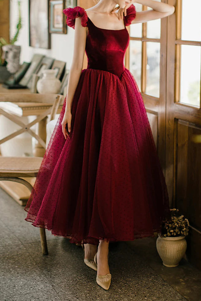 Elegant Burgundy Velvet Tulle Tea Length Homecoming Dress A-Line Evening Party Dress
