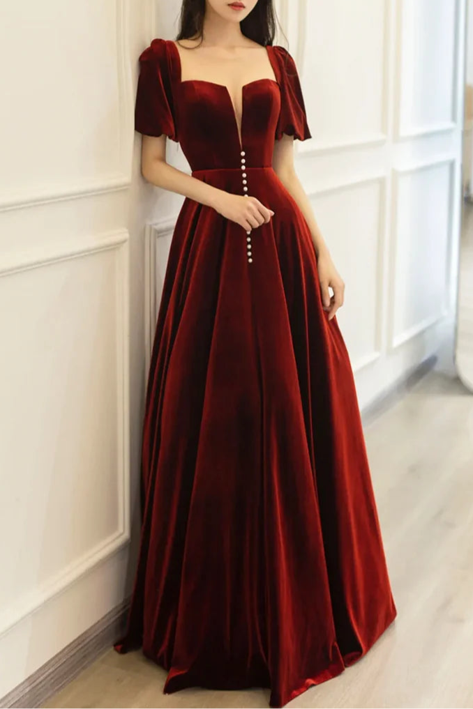 Elegant Burgundy Velvet With Beaded Long Prom Dress A-Line V Neck Short Sleeve Evening Party Dress