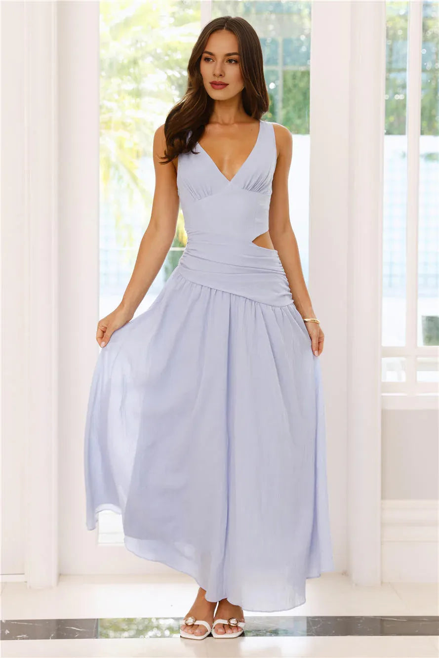 Elegant Casual A-line V Neck Cutout Waist Blue Maxi Prom Dress For Women