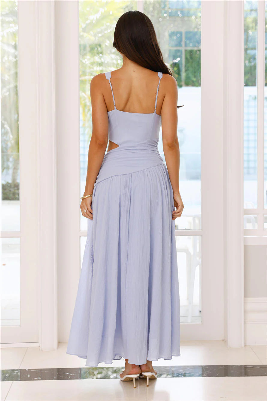 Elegant Casual A-line V Neck Cutout Waist Blue Maxi Prom Dress For Women