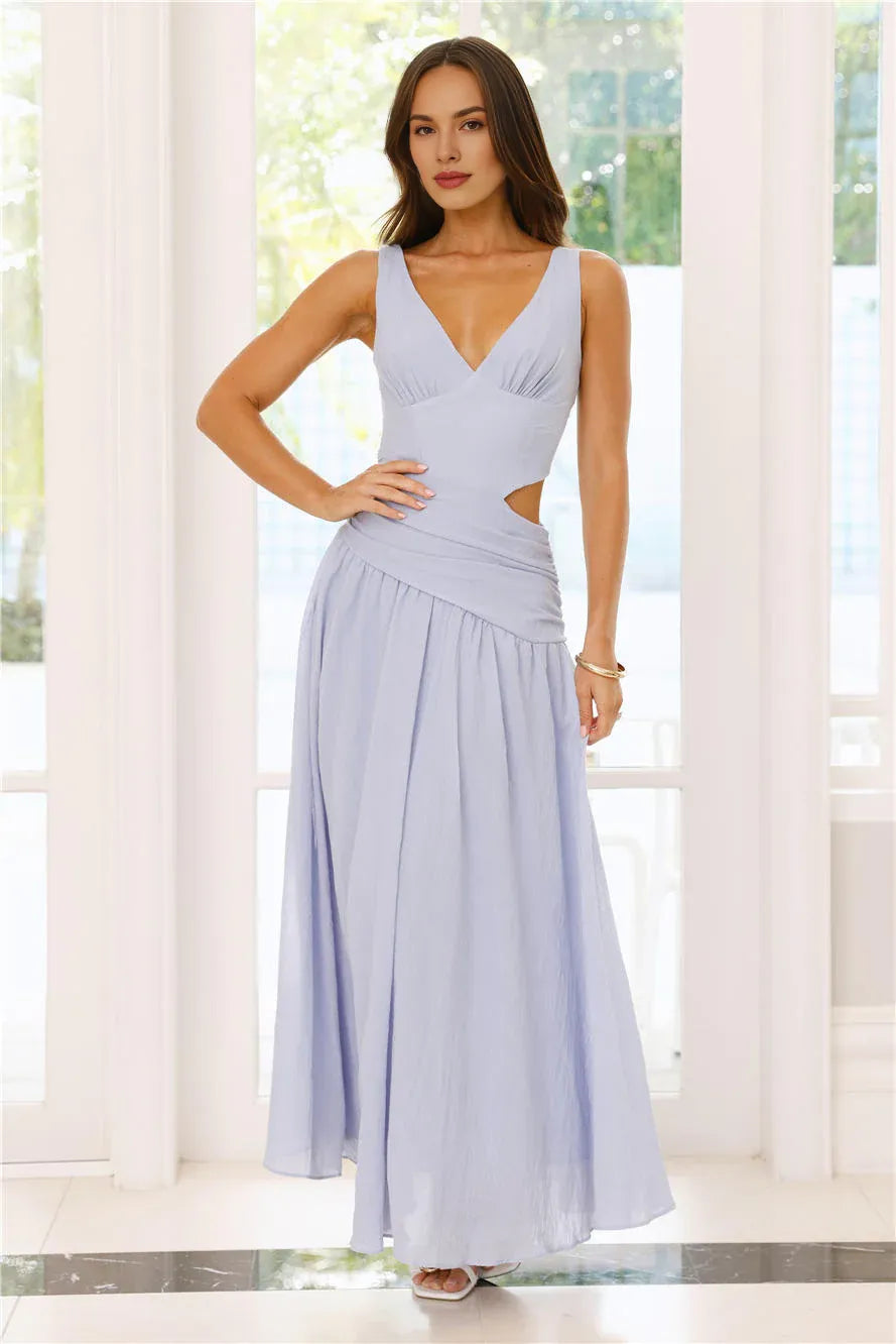 Elegant Casual A-line V Neck Cutout Waist Blue Maxi Prom Dress For Women