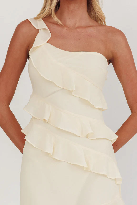 Elegant Casual One-Shoulder Tiered Frill Trim Butter Maxi Homecoming Prom Dress