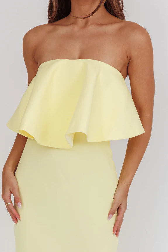 Elegant Casual Strapless Sleeveless Ruffle Maxi Prom Dress With Cape