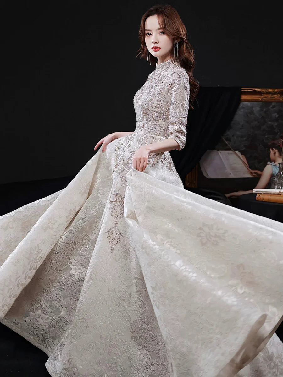 Elegant Champagne Lace High Neck Mid-sleeve Long Formal Dress Evening Party Dress