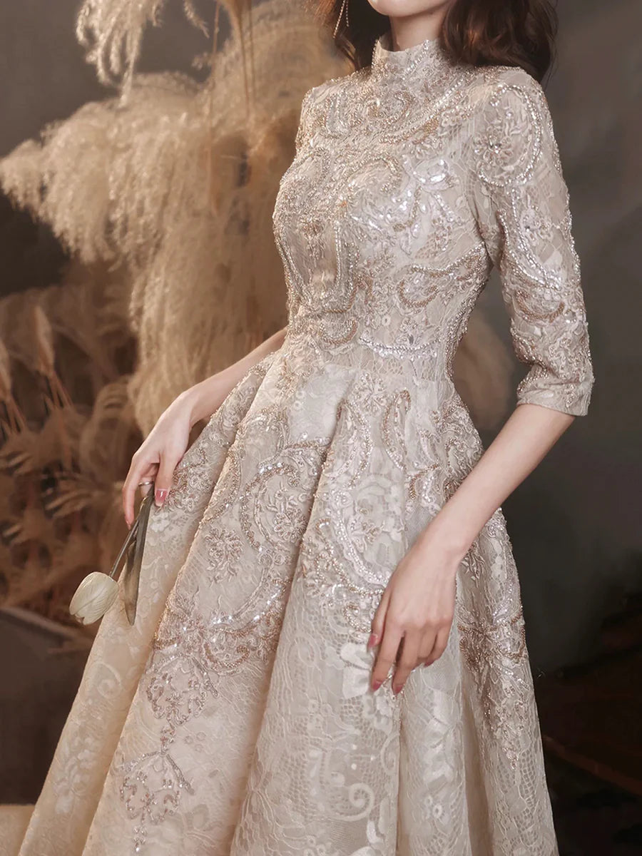 Elegant Champagne Lace High Neck Mid-sleeve Long Formal Dress Evening Party Dress