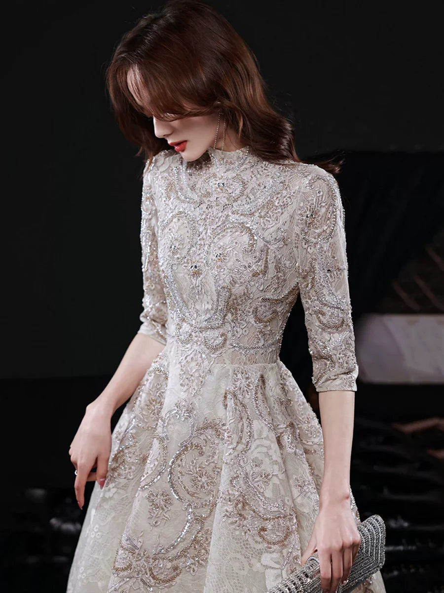 Elegant Champagne Lace High Neck Mid-sleeve Long Formal Dress Evening Party Dress