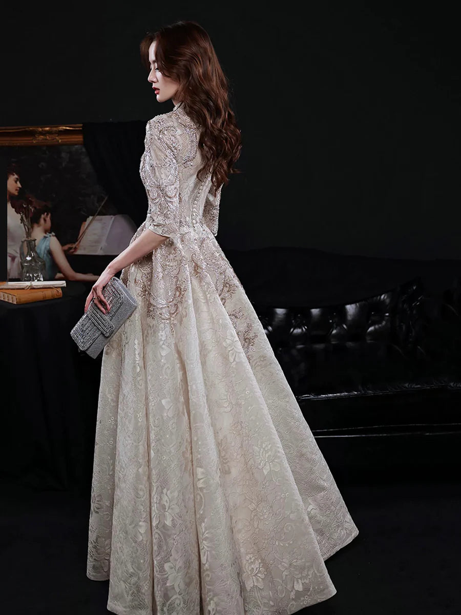 Elegant Champagne Lace High Neck Mid-sleeve Long Formal Dress Evening Party Dress