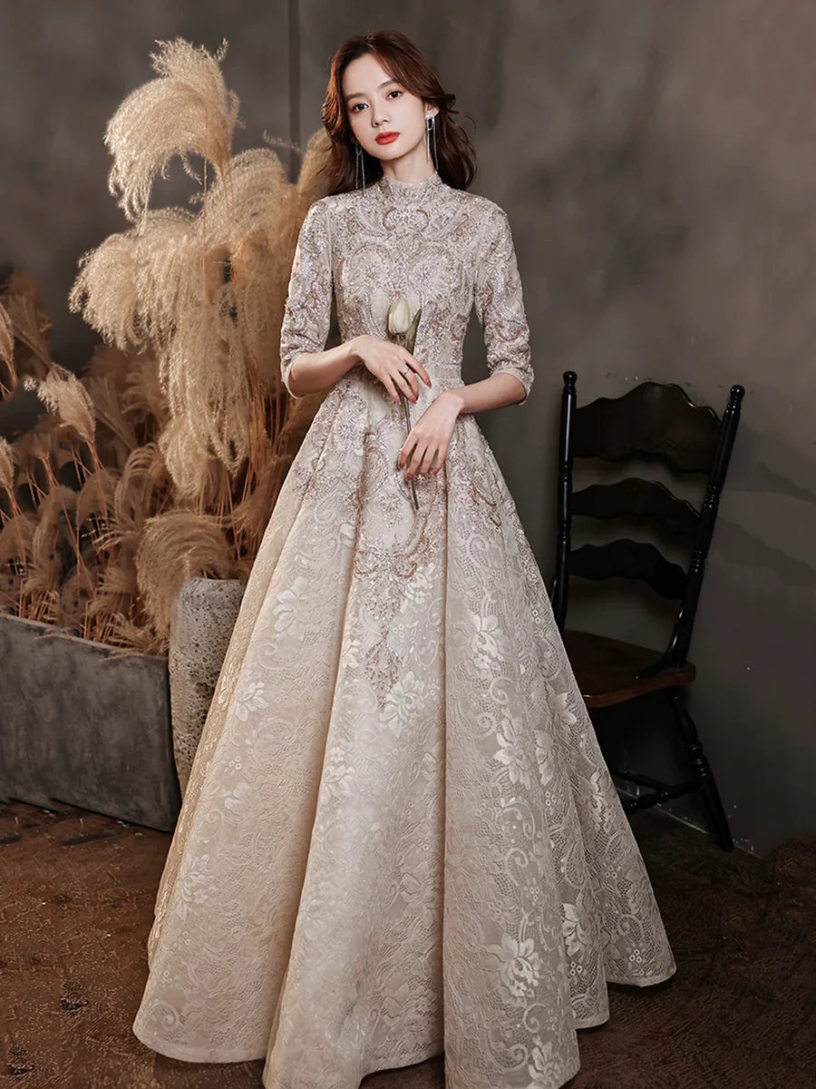 Elegant Champagne Lace High Neck Mid-sleeve Long Formal Dress Evening Party Dress