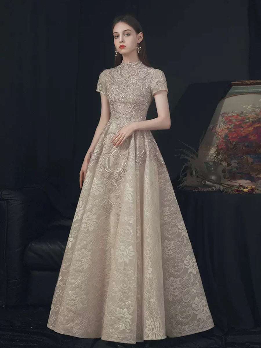 Elegant Champagne Lace High Neck Short Sleeve Floor Length Prom Dress Party Dress