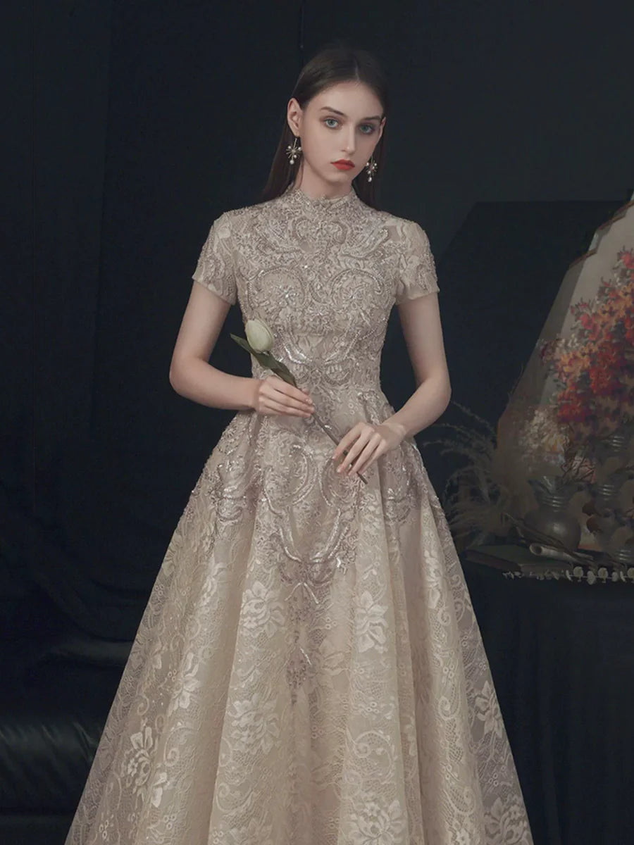 Elegant Champagne Lace High Neck Short Sleeve Floor Length Prom Dress Party Dress