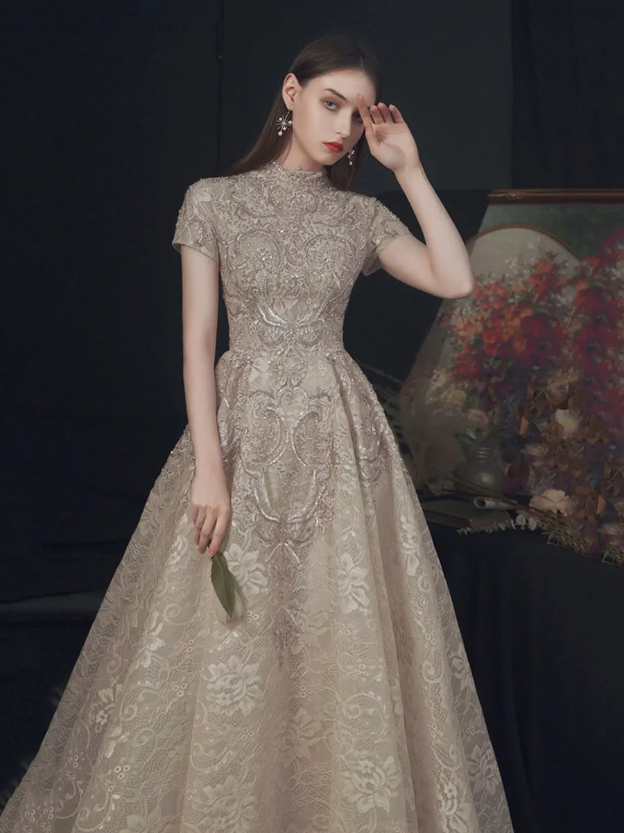 Elegant Champagne Lace High Neck Short Sleeve Floor Length Prom Dress Party Dress