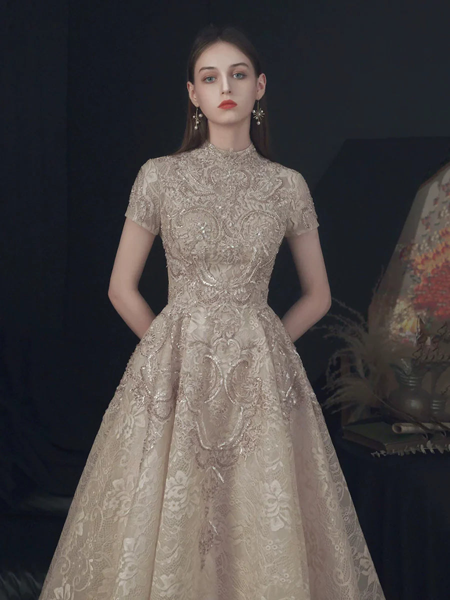 Elegant Champagne Lace High Neck Short Sleeve Floor Length Prom Dress Party Dress