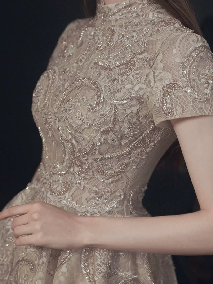 Elegant Champagne Lace High Neck Short Sleeve Floor Length Prom Dress Party Dress