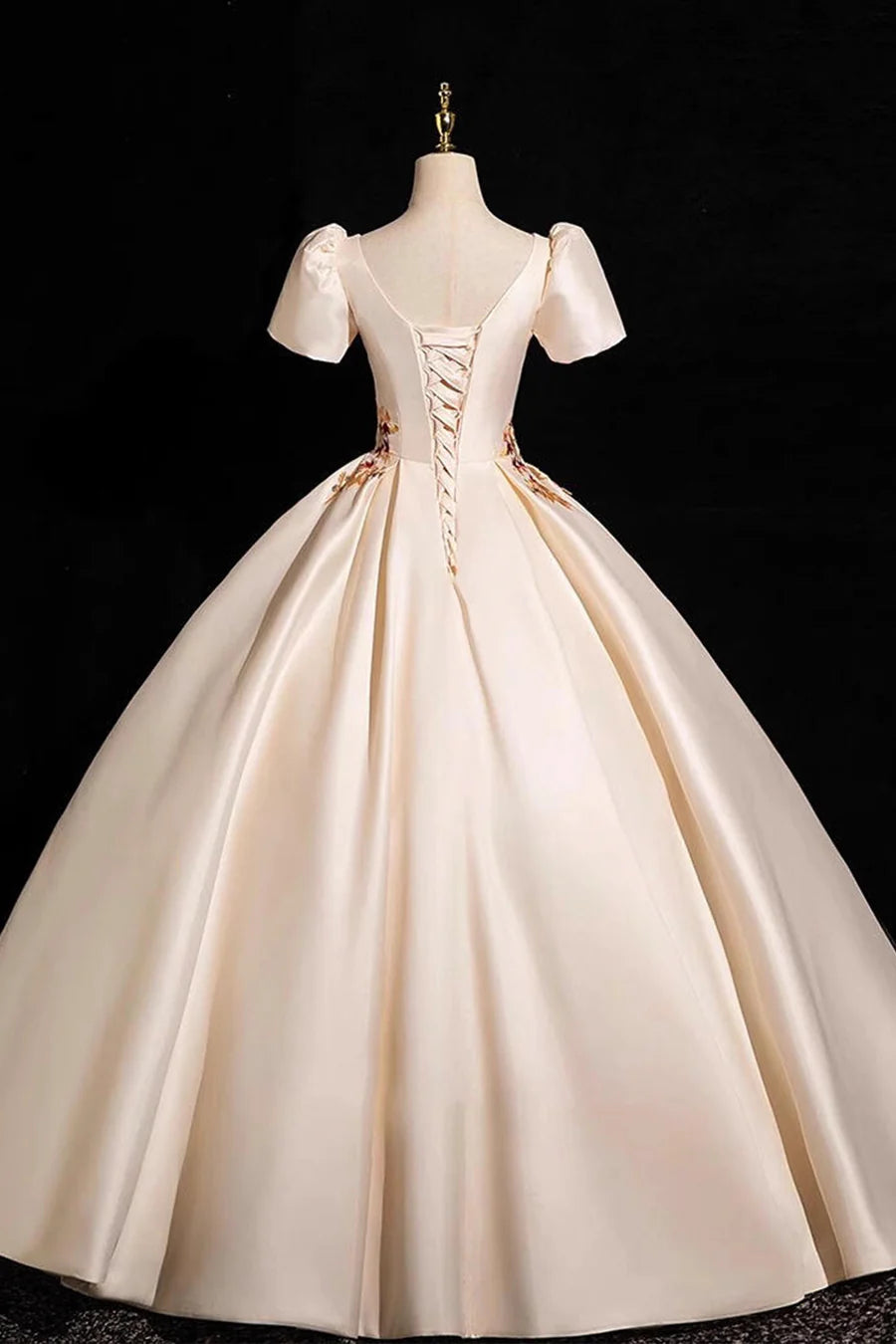 Elegant Champagne Satin Lace Short Sleeve Floor Length Prom Dress Evening Party Dress