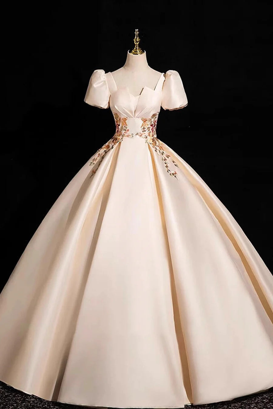 Elegant Champagne Satin Lace Short Sleeve Floor Length Prom Dress Evening Party Dress