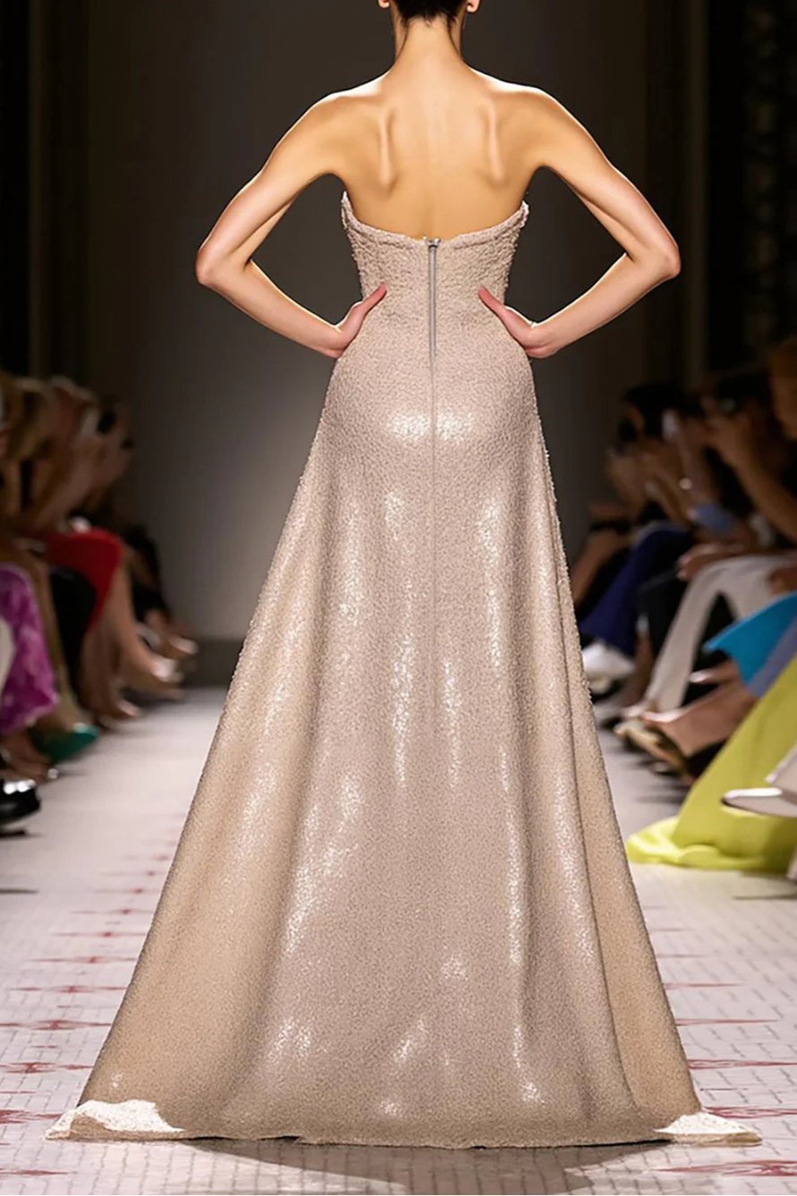 Elegant Champagne Sequin Strapless A-Line Corset Floor Length Evening Dress With Cape