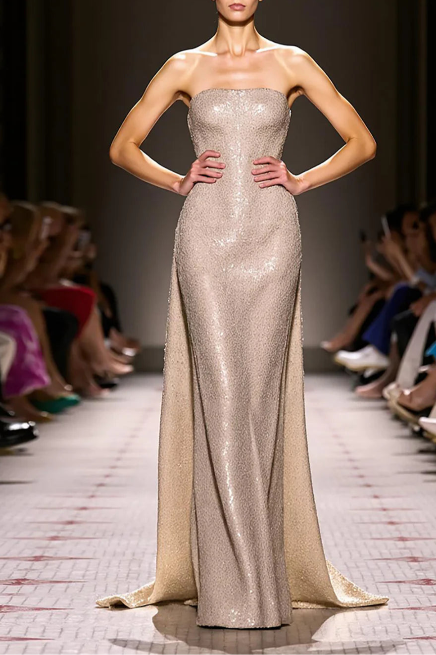 Elegant Champagne Sequin Strapless A-Line Corset Floor Length Evening Dress With Cape
