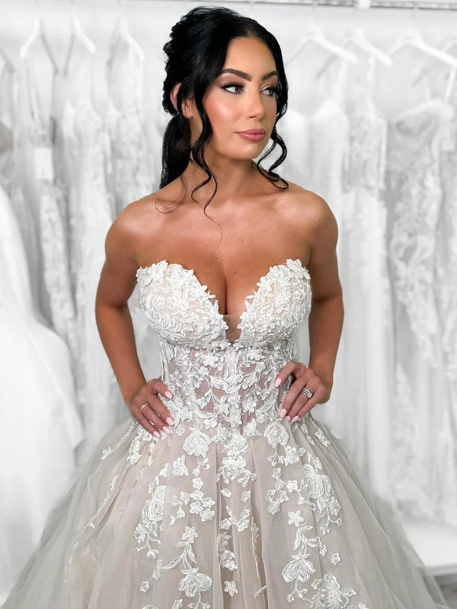 Elegant Champagne Tulle Lace Strapless Long Prom Dress Formal Dress Wedding Dress