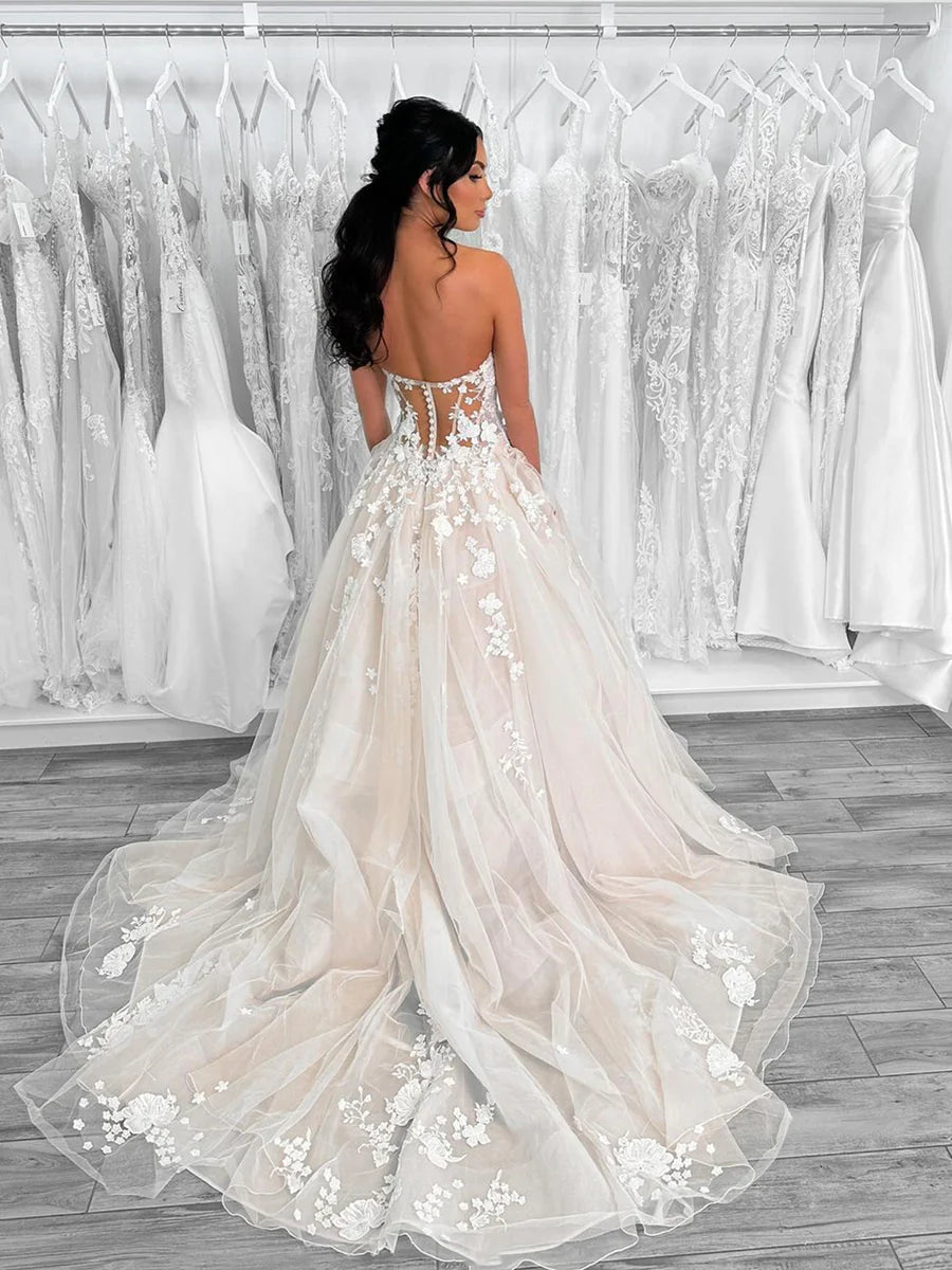 Elegant Champagne Tulle Lace Strapless Long Prom Dress Formal Dress Wedding Dress