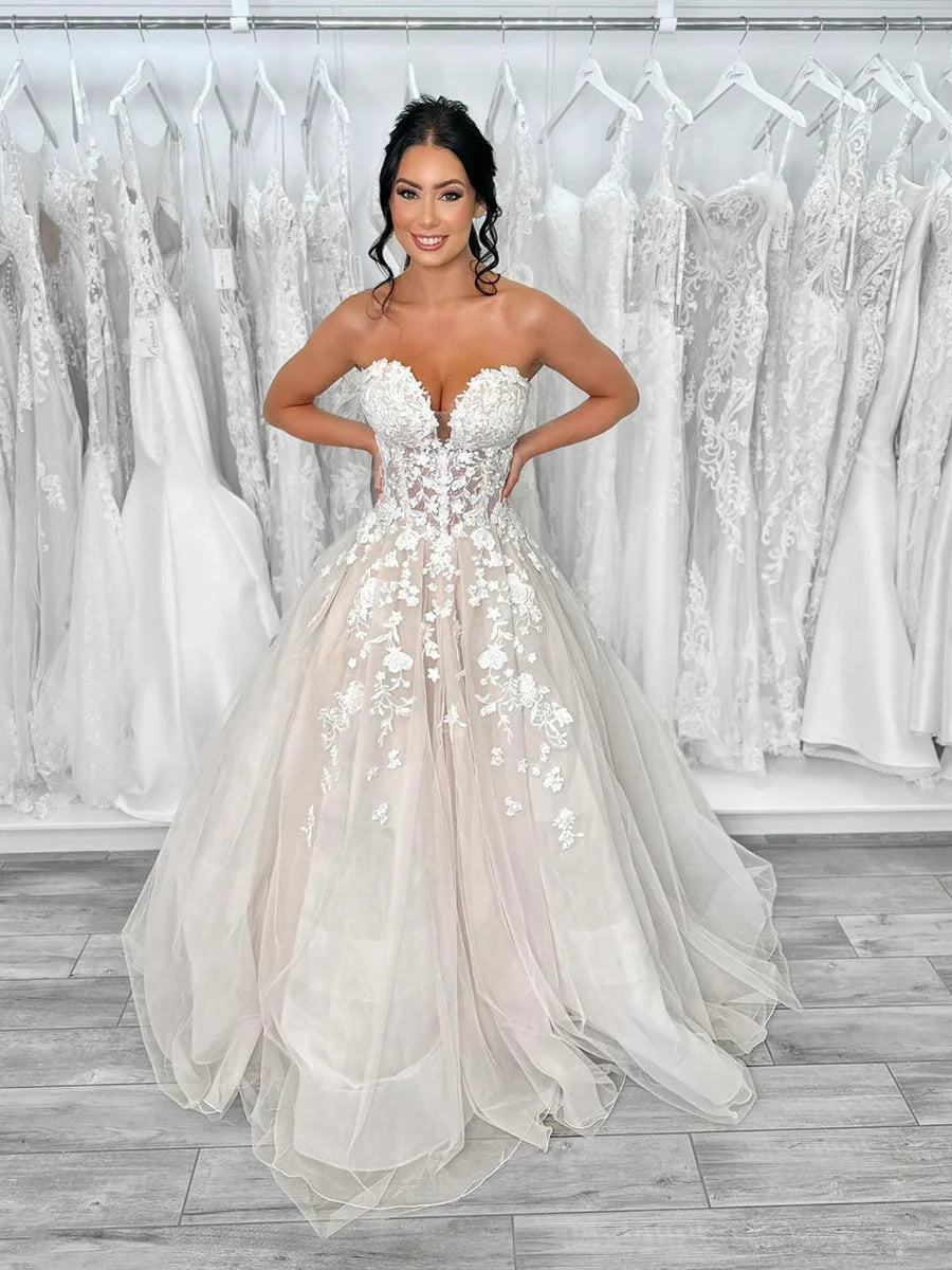 Elegant Champagne Tulle Lace Strapless Long Prom Dress Formal Dress Wedding Dress