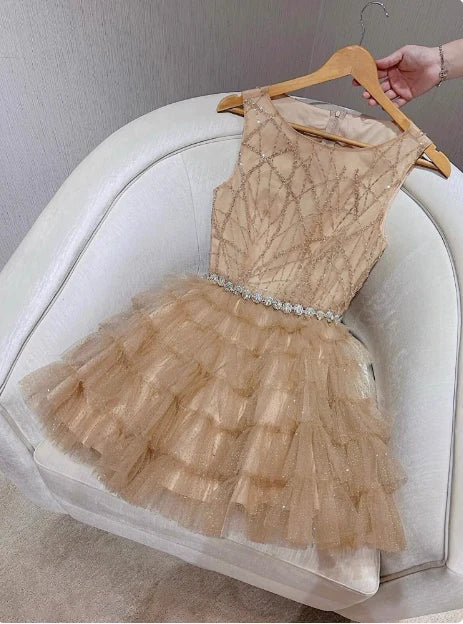 Elegant Champagne Tulle Round Neck Cake Birthday Short Skirt Homecoming Dress With Beaded
