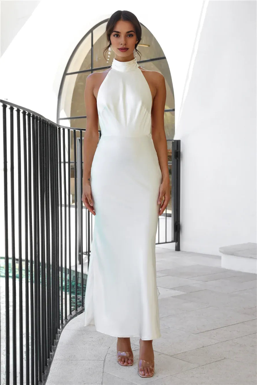 Elegant Charming Halter High Neck Pearl Open Back Satin Cream Maxi Evening Dress