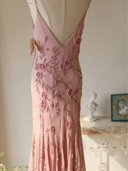 Elegant Chiffon Draped Neck 3D Rose Spaghetti Straps Mermaid Prom Dress With Overlength Train