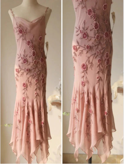Elegant Chiffon Draped Neck 3D Rose Spaghetti Straps Mermaid Prom Dress With Overlength Train