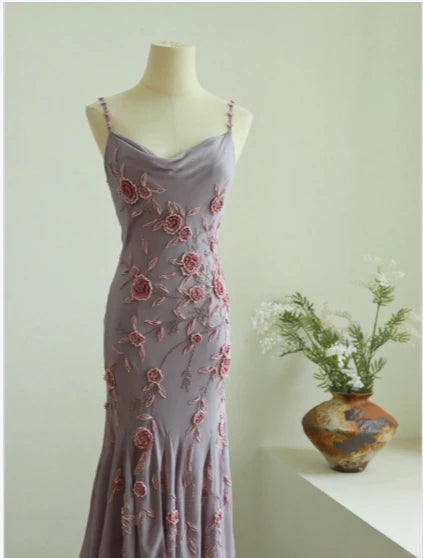 Elegant Chiffon Draped Neck 3D Rose Spaghetti Straps Mermaid Prom Dress With Overlength Train