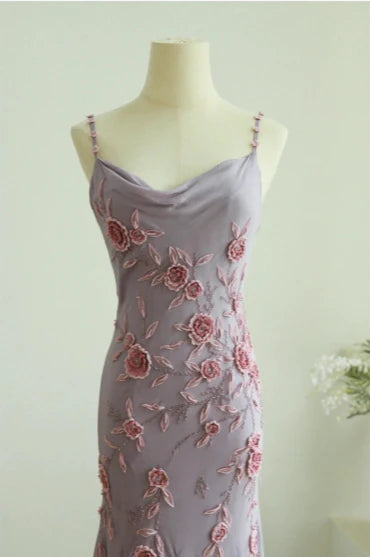 Elegant Chiffon Draped Neck 3D Rose Spaghetti Straps Mermaid Prom Dress With Overlength Train