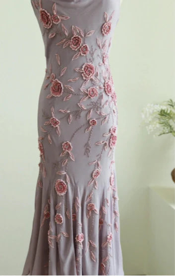 Elegant Chiffon Draped Neck 3D Rose Spaghetti Straps Mermaid Prom Dress With Overlength Train